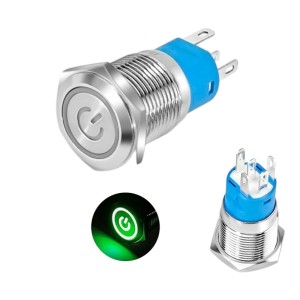 Metal Power Pushbutton with Green LED Ring - 16mm Momentary Robotics Bangladesh
