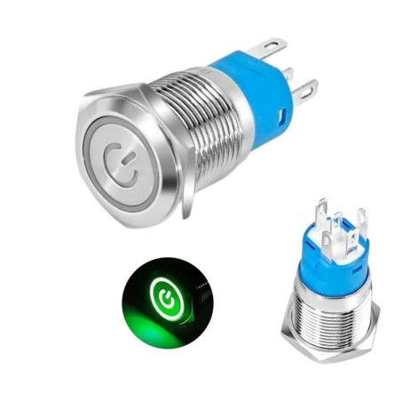 Metal Power Pushbutton with Green LED Ring - 16mm Momentary Robotics Bangladesh