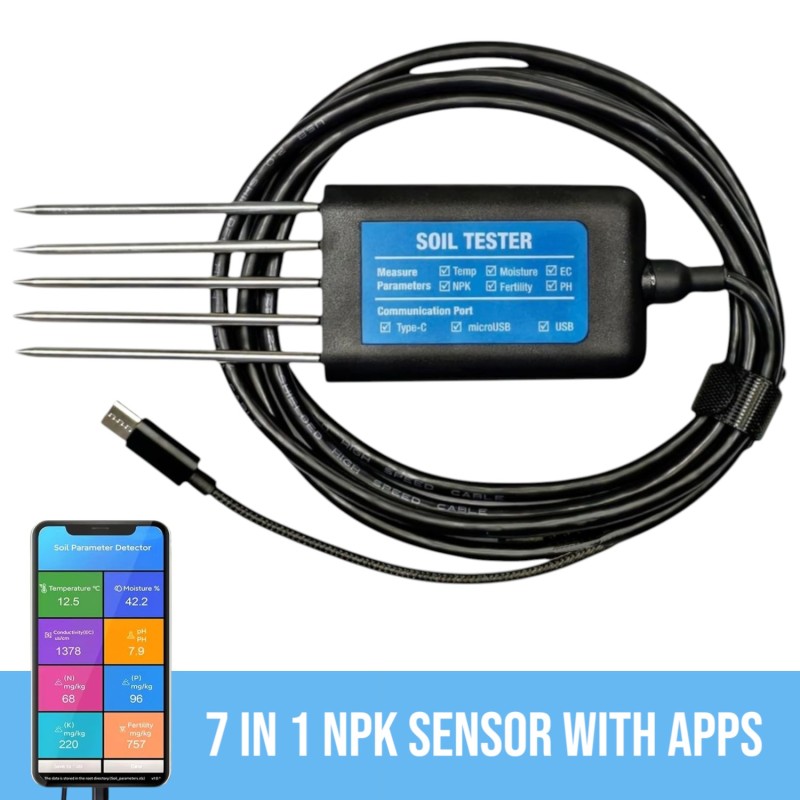 Smart NPK sensor 7 in 1 – USB-C Portable Tester for Temperature, Moisture, EC, pH, and NPK Robotics Bangladesh