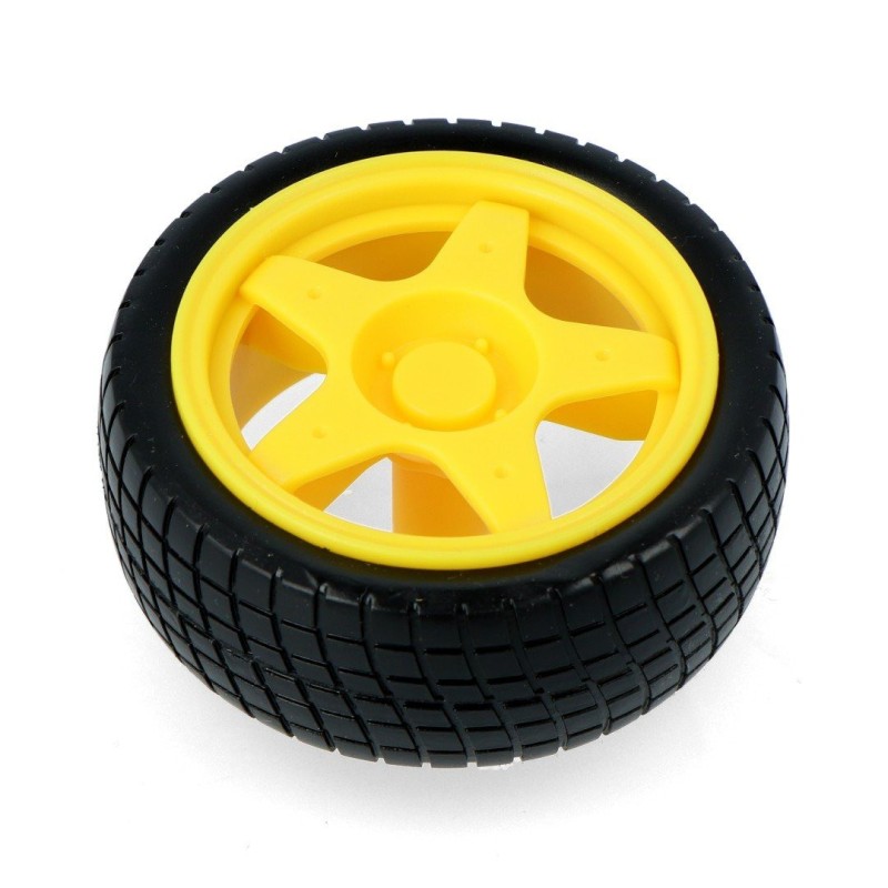 Wheel with Tire 65×26 mm – Yellow (High-Quality, Good Grip) Robotics Bangladesh