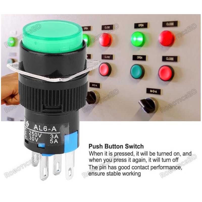 AL6-A With LED color Green AC 3A/250V (DC 30V/5A) 5Pin Push Switch Robotics Bangladesh AL6-A With LED color Green AC 3A/250V (DC 30V/5A) 5Pin Push Switch Robotics Bangladesh