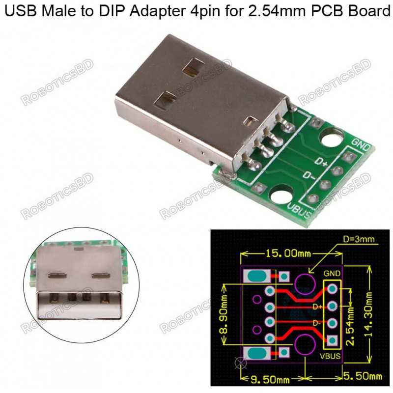 USB Type A Male to Breadboard & PCB 2.54mm DIP 4P Adapter Robotics Bangladesh USB Type A Male to Breadboard & PCB 2.54mm DIP 4P Adapter Robotics Bangladesh