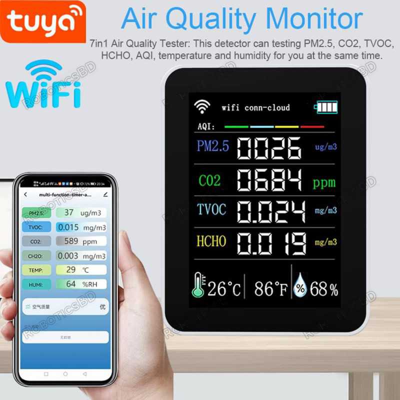 Tuya 7in1 WiFi Air Quality Monitor PM2.5 CO2 TVOC HCHO AQI Robotics Bangladesh Tuya 7in1 WiFi Air Quality Monitor PM2.5 CO2 TVOC HCHO AQI Robotics Bangladesh