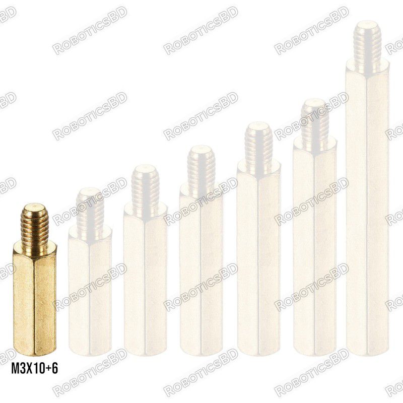 M3x10+6 Brass Hex Spacer Standoff Male - Female Robotics Bangladesh M3x10+6 Brass Hex Spacer Standoff Male - Female Robotics Bangladesh