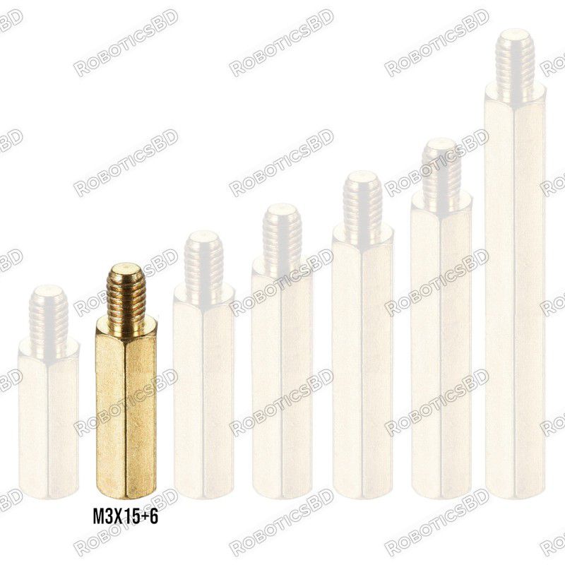M3x15+6 Brass Hex Spacer Standoff Male - Female Robotics Bangladesh M3x15+6 Brass Hex Spacer Standoff Male - Female Robotics Bangladesh