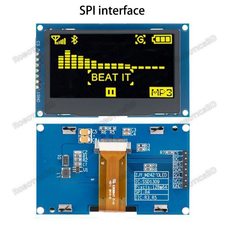 2.42 inch OLED Screen LCD Display Module 128x64 SSD1309 SPI 7Pin Yellow Robotics Bangladesh 2.42 inch OLED Screen LCD Display Module 128x64 SSD1309 SPI 7Pin Yellow Robotics Bangladesh