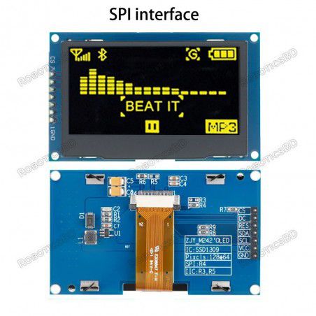 2.42 inch OLED Screen LCD Display Module 128x64 SSD1309 SPI 7Pin Yellow Robotics Bangladesh