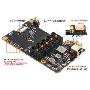 Geekworm X1009 PCIe to 5-Port SATA Shield for Raspberry Pi 5 Robotics Bangladesh
