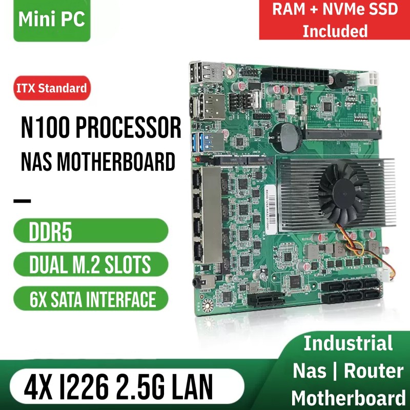 N100 Processor ITX NAS Motherboard with DDR5, 4x 2.5G LAN, Dual M.