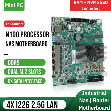 N100 Processor ITX NAS Motherboard with DDR5, 4x 2.5G LAN, Dual M.